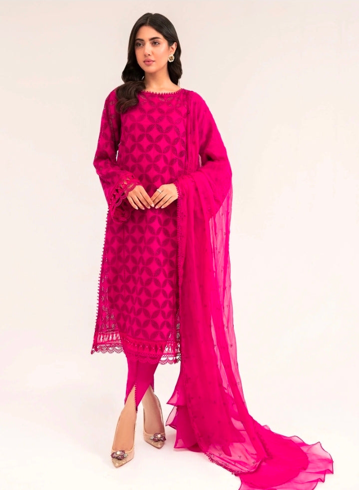 Mariab M.Luxe Fabrics RTW Pink LF-401 - 3PC Chickankari Embroidered Lawn
