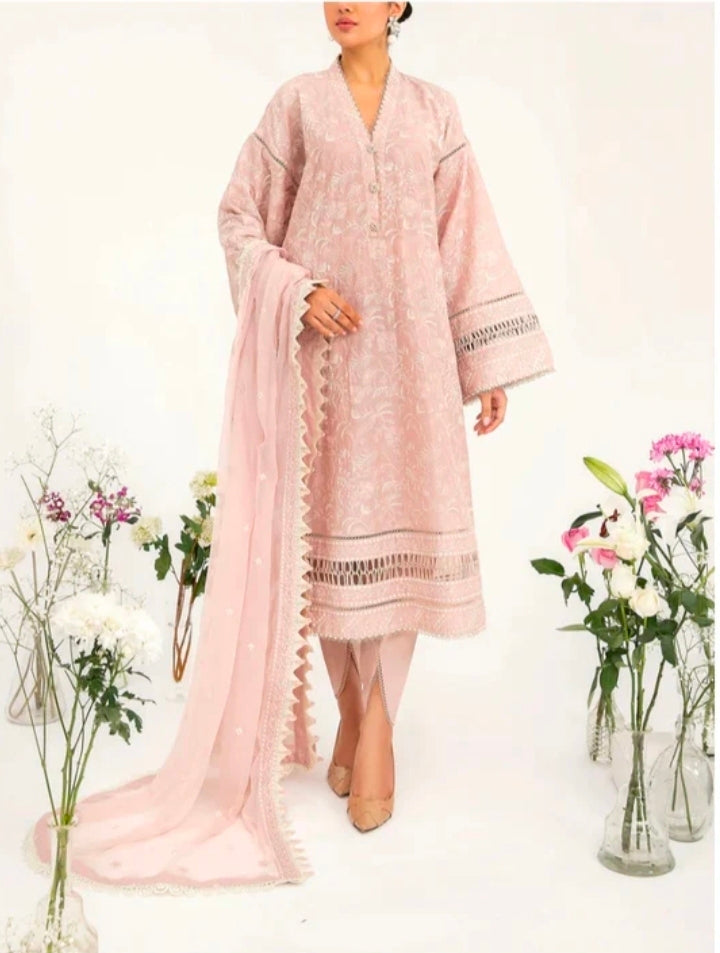 M.Luxe Fabrics Peach LF-412 - Embroidered Lawn Suit