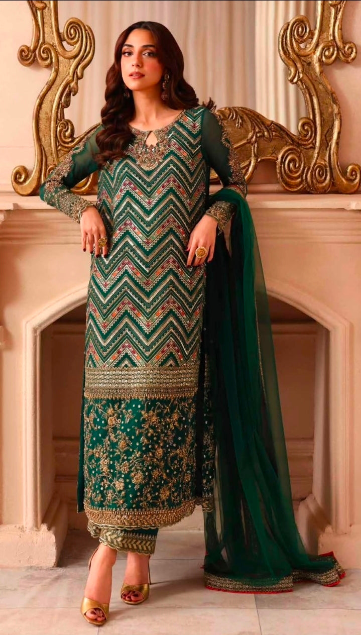 Charizma Dastane Jashan DJW6-07 Green Chevron Heavy Embroidered Chiffon 3PC | New Arrival | 101% Original