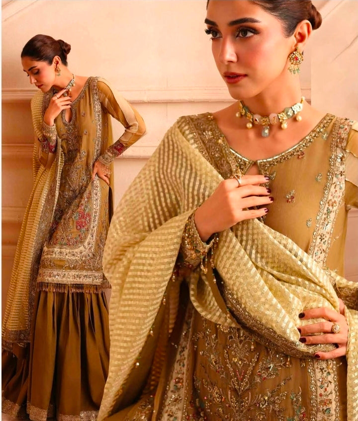 Charizma Dastane Jashan DJW6-06 Golden Mustard Heavy Embroidered Chiffon 3PC | New Arrival | 101% Original