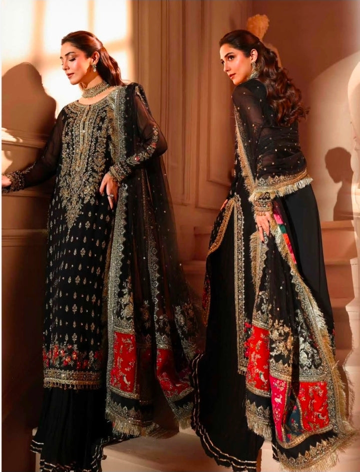 Charizma Dastane Jashan DJW6-04 Black Heavy Embroidered Chiffon 3PC