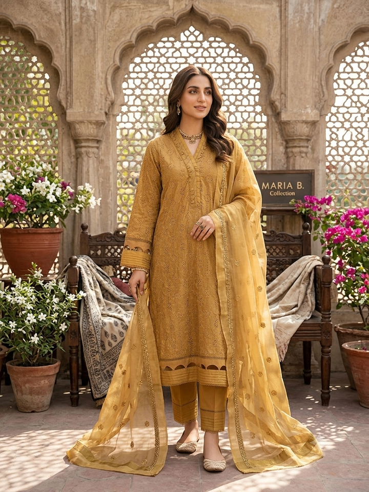 Mariab M.Luxe RTW Mustard LF-404 | 3Pc Chikankari Suit
