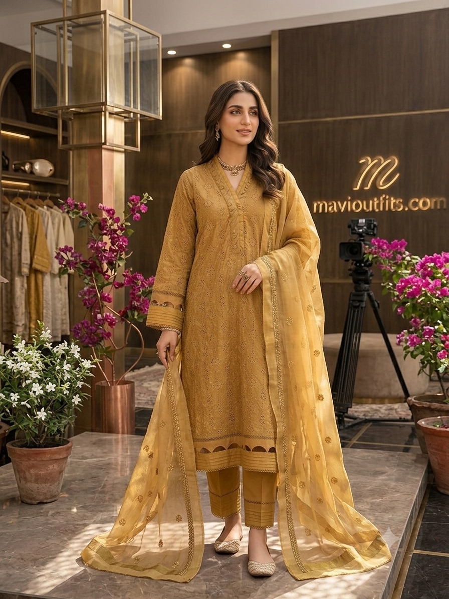 Mariab M.Luxe RTW Mustard LF-404 | 3Pc Chikankari Suit