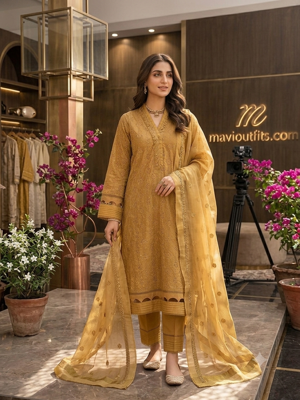 Mariab M.Luxe RTW Mustard LF-404 | 3Pc Chikankari Suit
