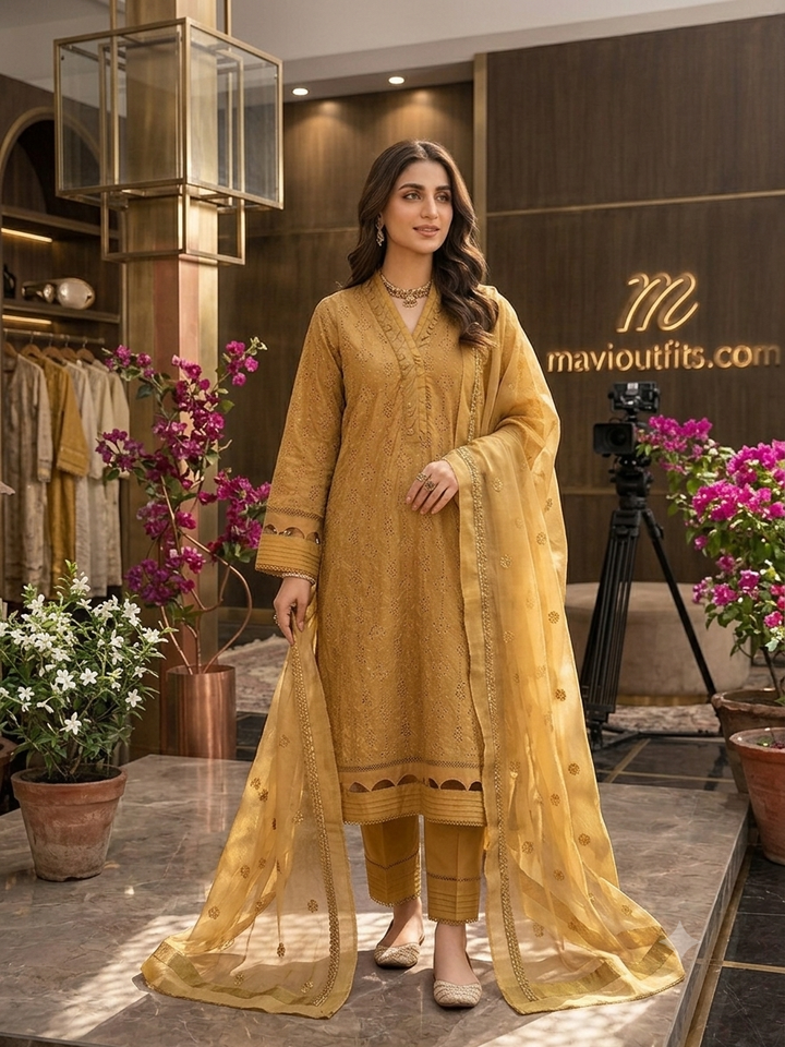 Mariab M.Luxe RTW Mustard LF-404 | 3Pc Chikankari Suit