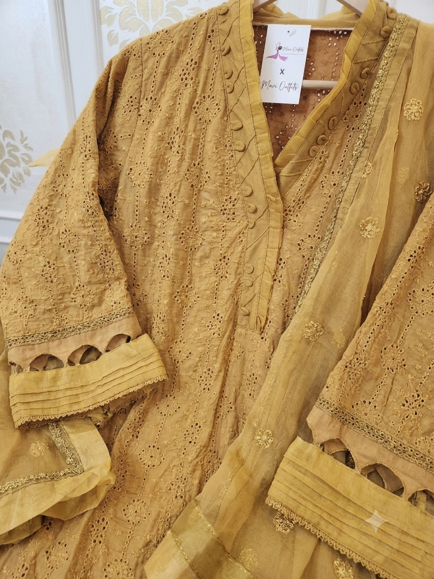 Mariab M.Luxe RTW Mustard LF-404 | 3Pc Chikankari Suit