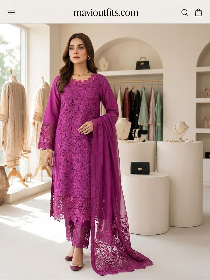 Mavi's Pret Rangrasiya Large Magenta 3PC – Heavy Chikankari | 101% Original