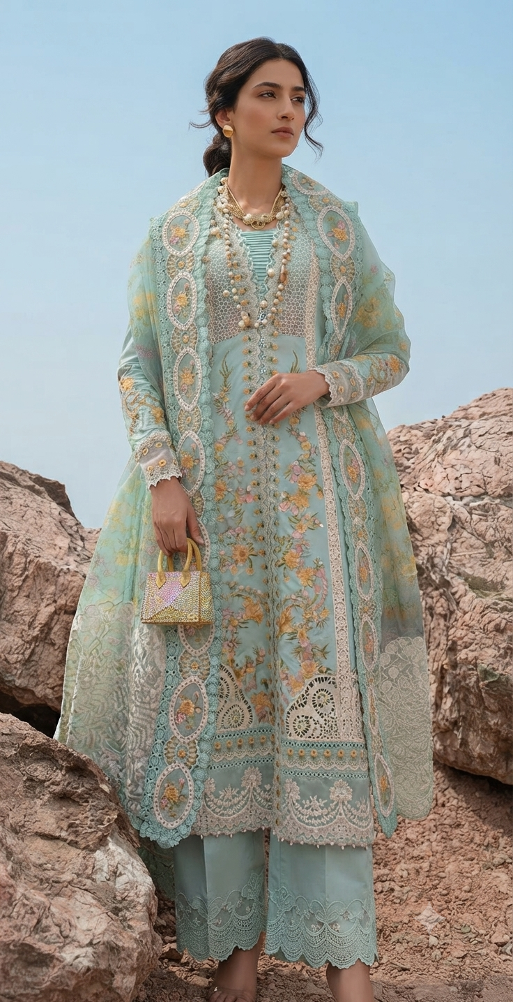Mavi's Pret Crimson Luxury Lawn 3PC – Mint Green | 101% Original