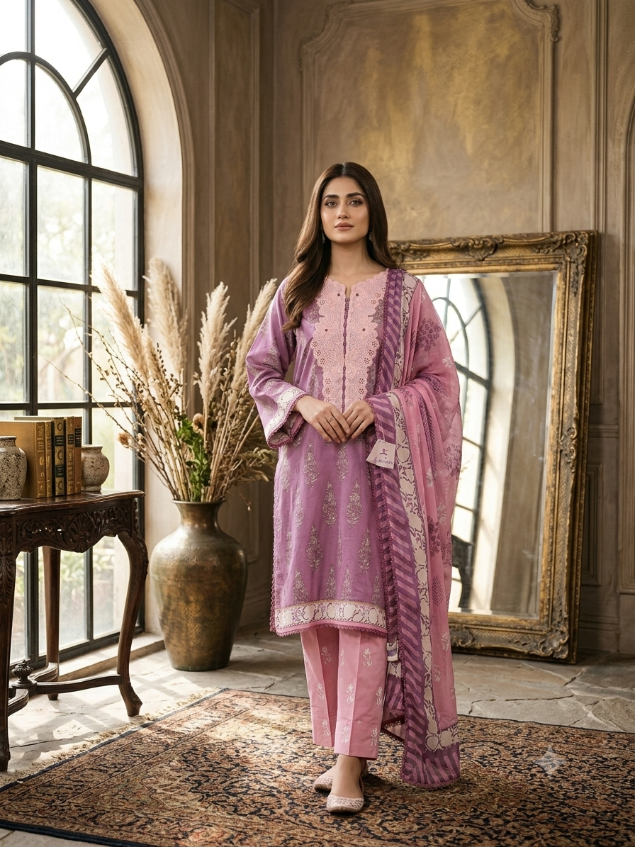 Mavi's Pret 3PC Mushq Printed Lawn – Embroidered Shirt | Farshi Shalwar | Bamber Chiffon Dupatta