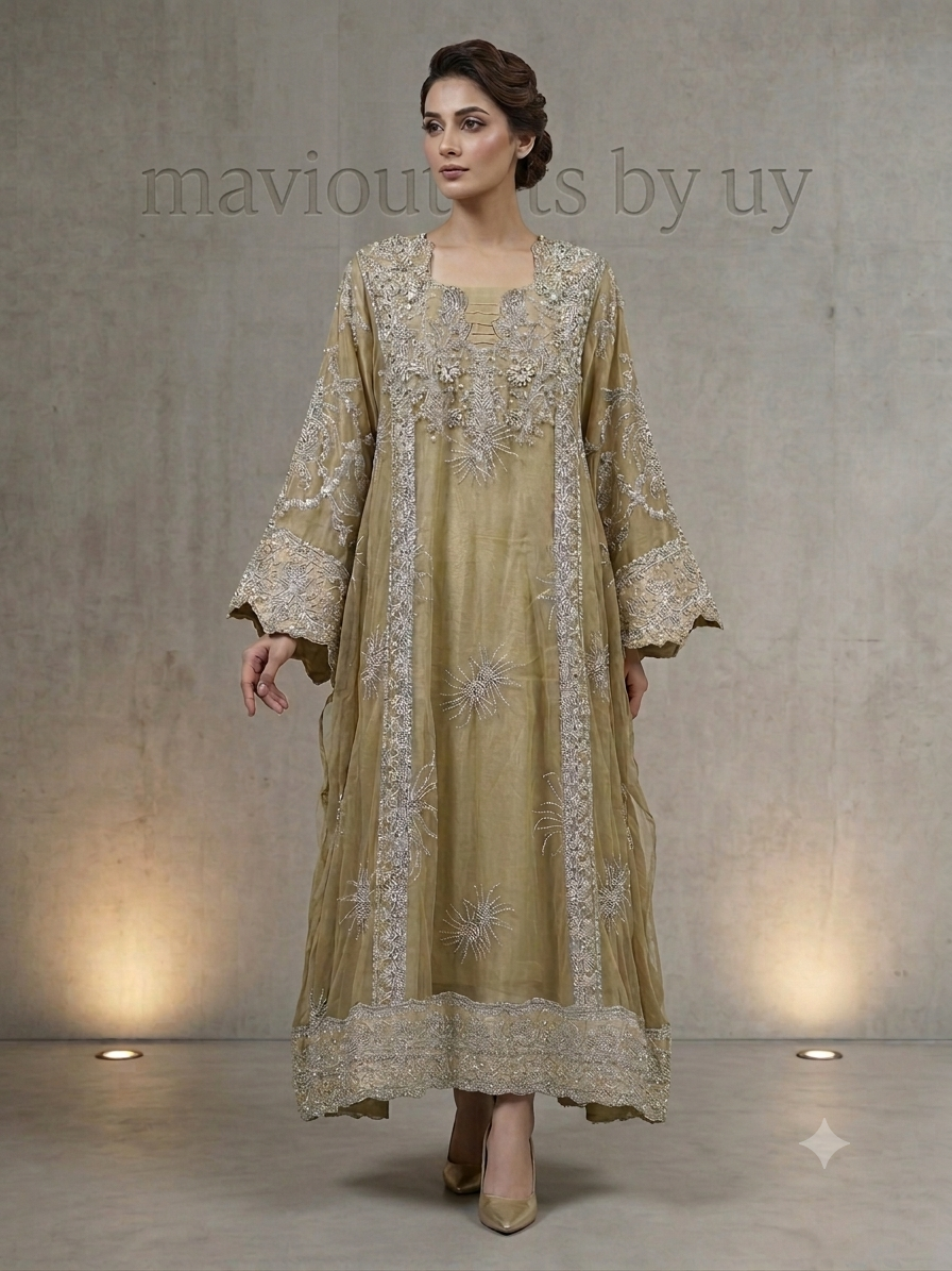 Mavi's Formal Mushq Hand Embellished Kaftan – Nude