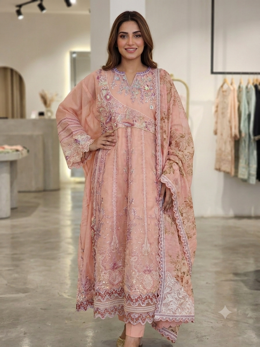 Mavi's Formal Afrozeh Kaftan Peach 3PC – Cotton Net | 101% Original