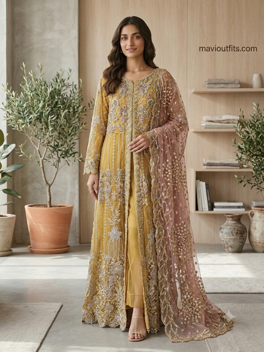 Mavi's Formal – Mushq Luxury Hand Embellished Maxi | Mustard | Large | 101% Original