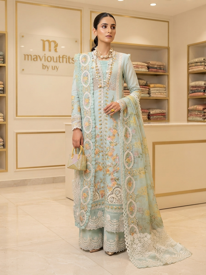 Mavi's Pret Crimson Luxury Lawn 3PC – Mint Green | 101% Original