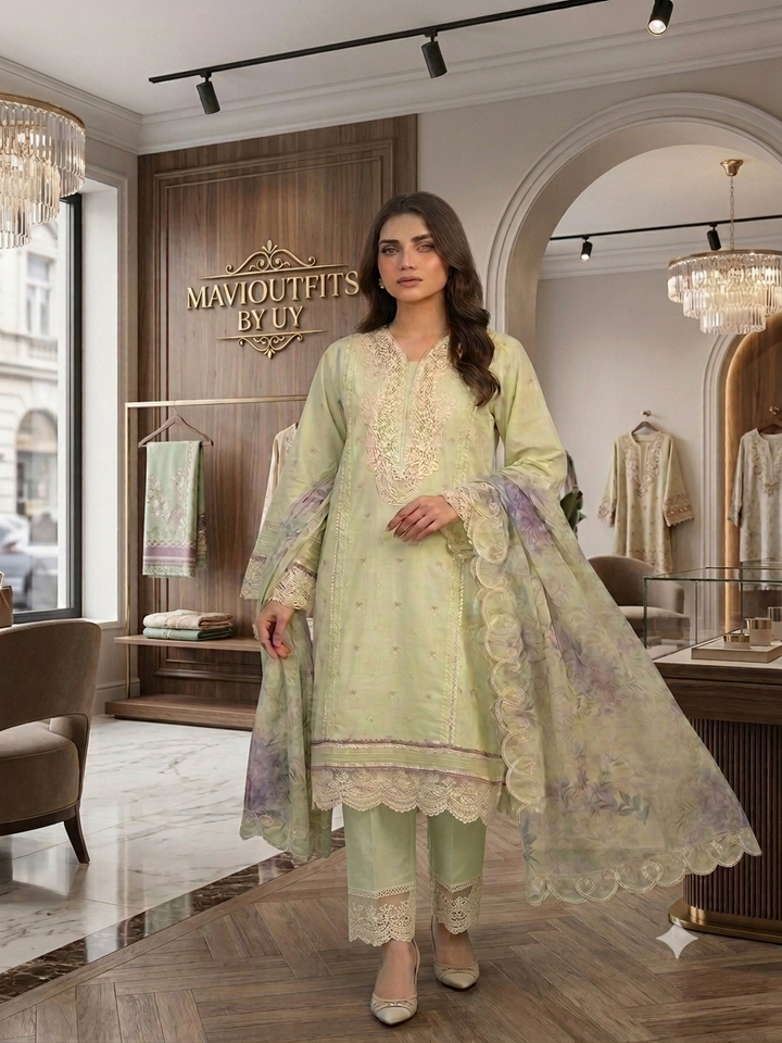 Qalamkar Luxury Embroidered 3PC - Flat Lay