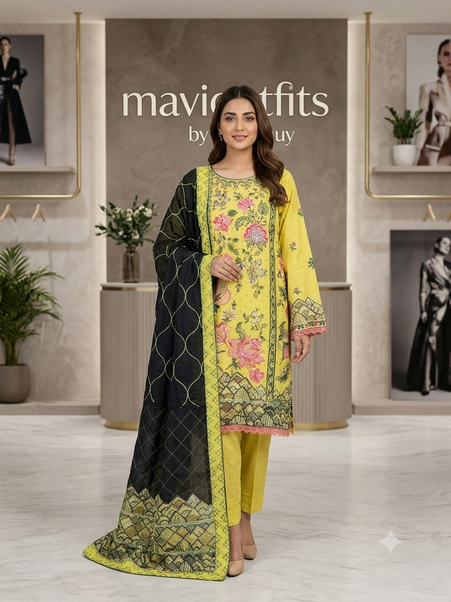 Zaha Luxury Lawn 3PC Stitched Suit – Thread Work Embroidered | Mavi's Pret | 101% Original