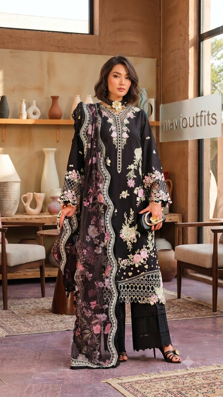 Mavi Pret Maryum Hussain Luxury Embroidered Lawn Noir 3PC | Stitched Ready to Wear
