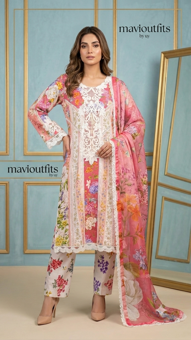 Mavi Pret Mprint Luxury Embroidered Lawn 3PC | Stitched Ready to Wear