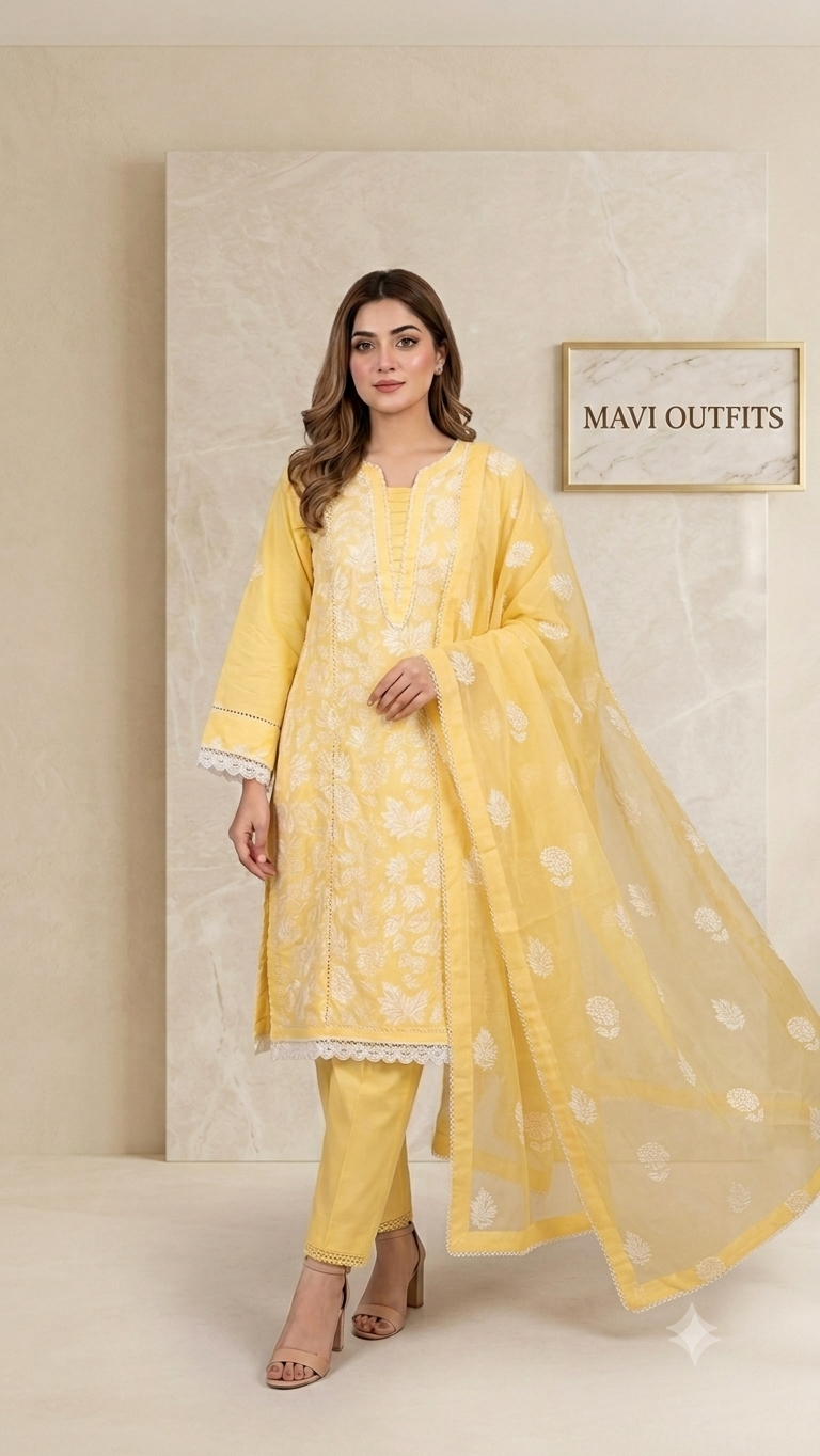 Mavi Pret Bareeze Luxury Embroidered Lawn 3PC – Butter Yellow | Stitched Ready to Wear | 101% Original