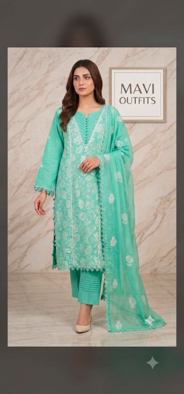 Mavi Pret Bareeze Luxury Embroidered Lawn 3PC – B01 | Stitched Ready to Wear | 101% Original