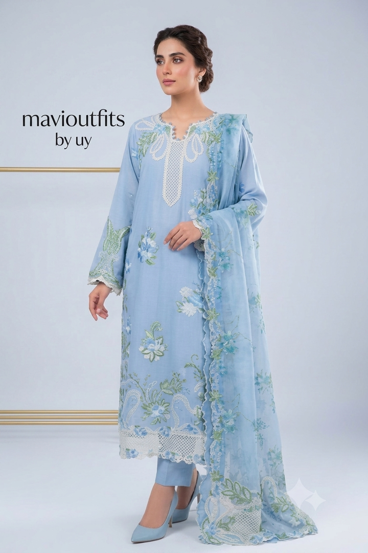 Mavi Pret Maryam Hussain frost  Luxury Embroidered Lawn 3PC | Stitched Ready to Wear