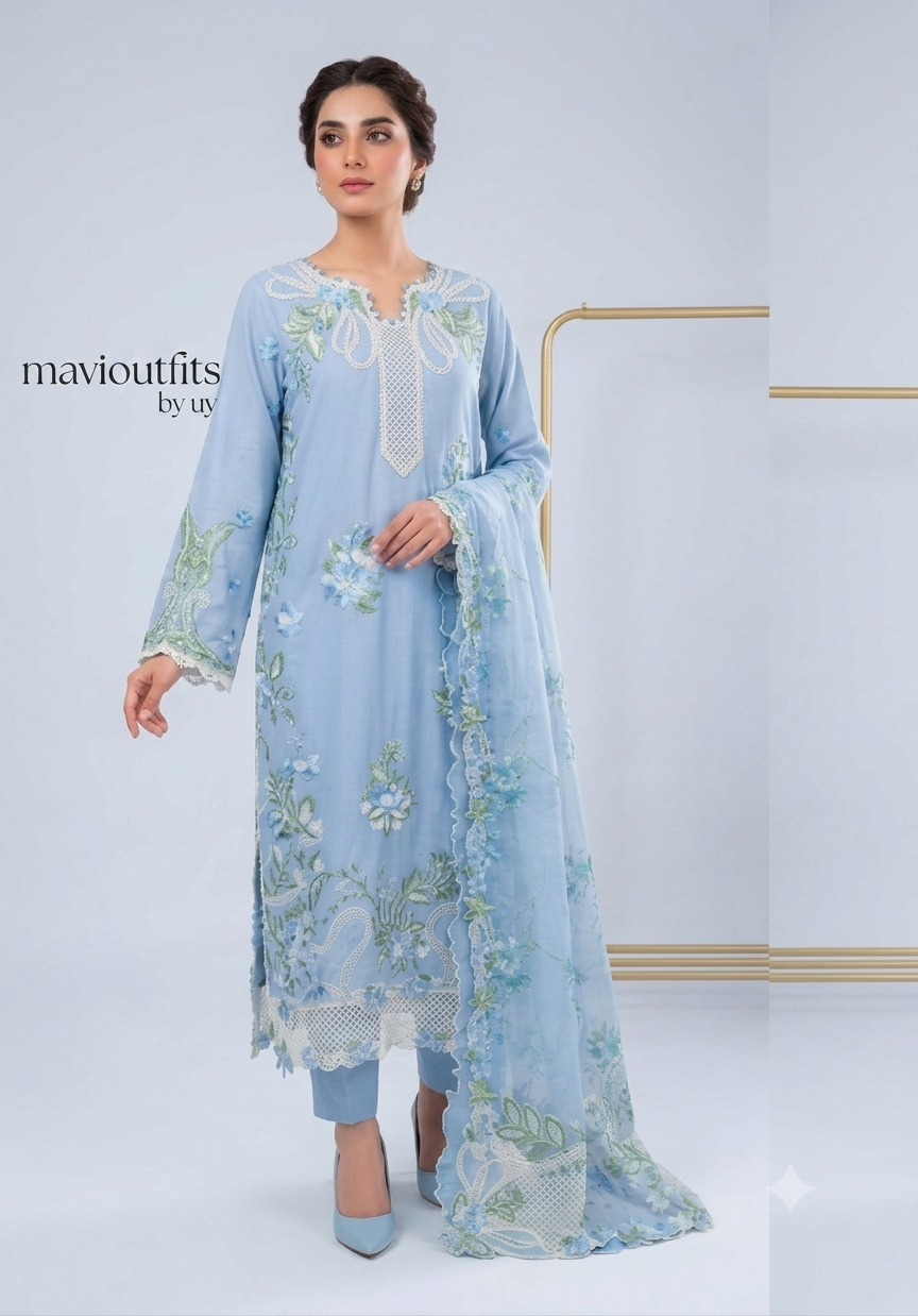 Mavi Pret Maryam Hussain frost  Luxury Embroidered Lawn 3PC | Stitched Ready to Wear