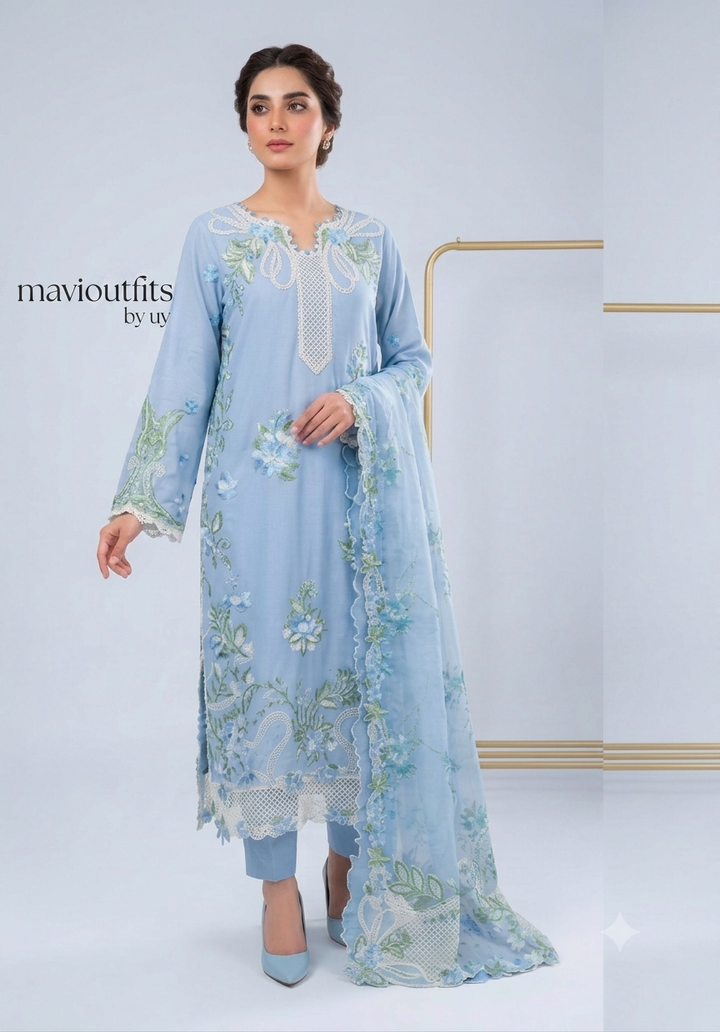 Mavi Pret Maryam Hussain frost  Luxury Embroidered Lawn 3PC | Stitched Ready to Wear