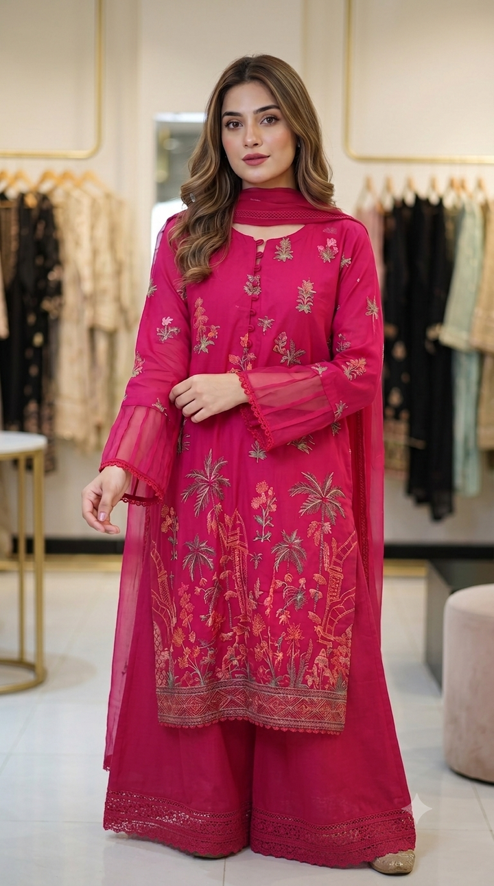 Mavi Pret Mariab Luxury Embroidered Lawn 2PC Pink | Stitched Ready to Wear