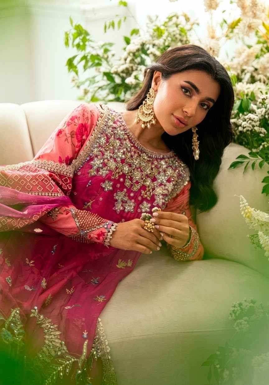 Mushq Sham Shandaar Embroidered Chiffon Unstitched 4Pc Suit – Geet Gulabi | 101% Original