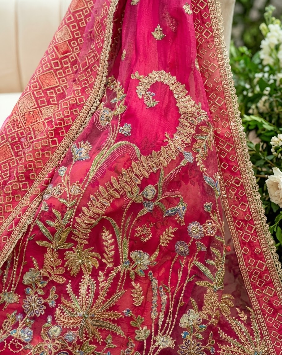Mushq Sham Shandaar Embroidered Chiffon Unstitched 4Pc Suit – Geet Gulabi | 101% Original