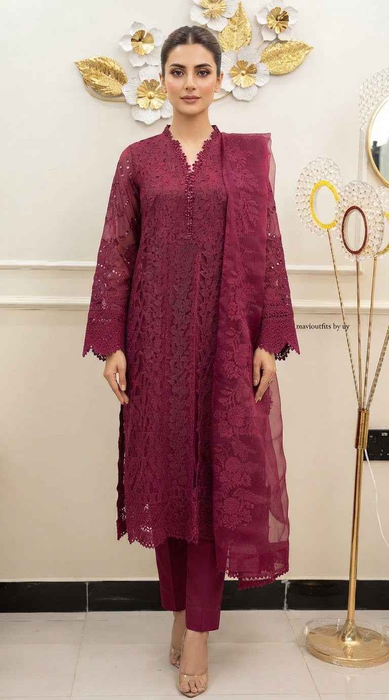 Mavi's Pret Maria.B Luxury Plum 3PC | Laser-Cut Embroidered