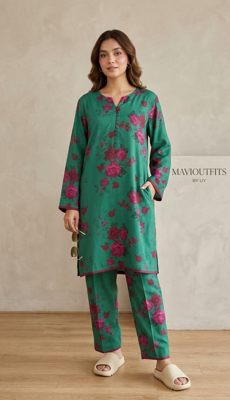 Mavi’s Cords Winter Viscose 2PC Co-Ord Set – Green Rose Print