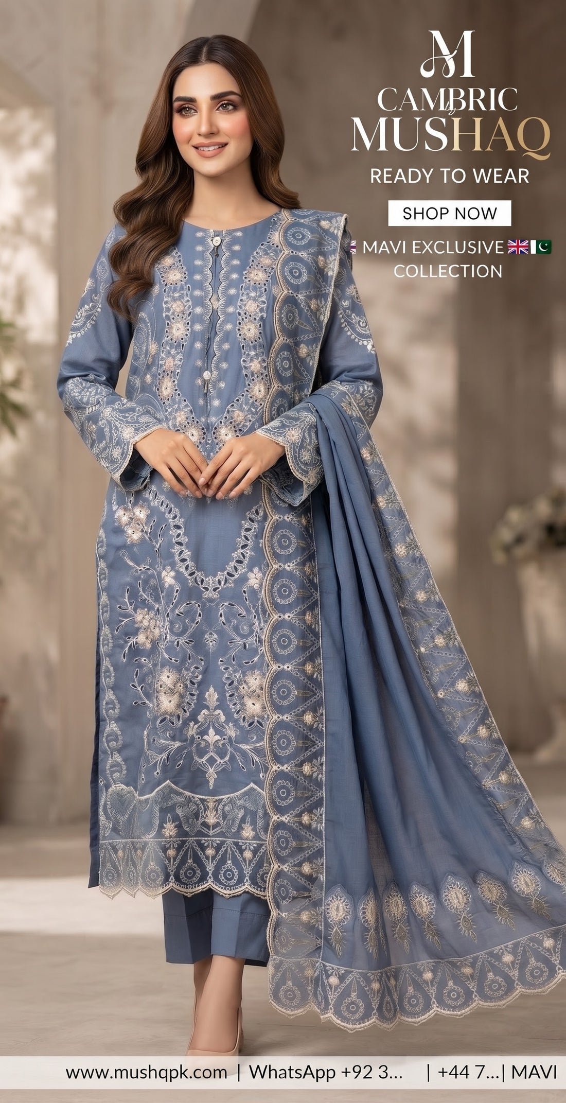 Mavi’s Pret Mushq Ice Grey Blue Chikankari Cambric 3PC | Ready to Wear