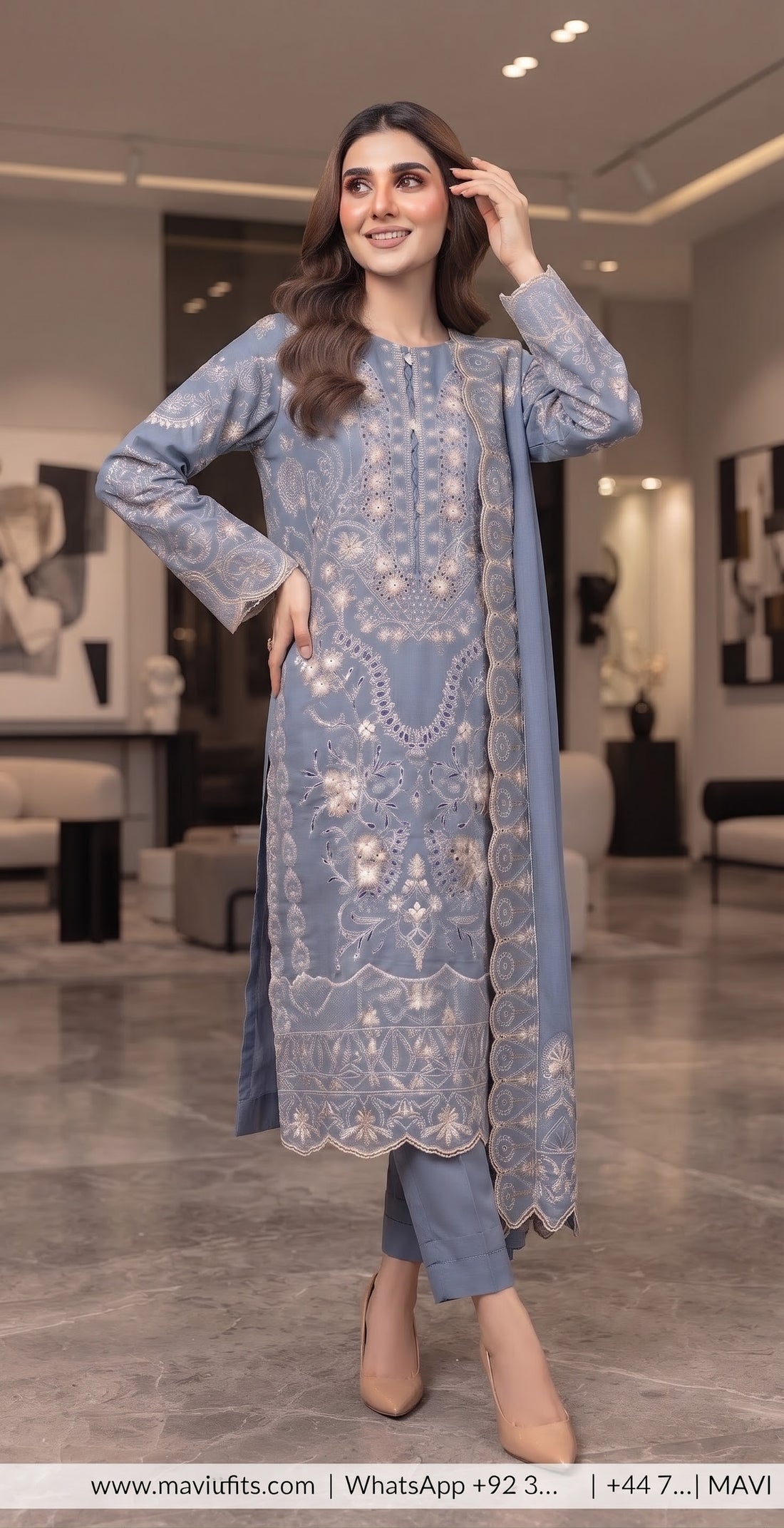 Mavi’s Pret Mushq Ice Grey Blue Chikankari Cambric 3PC | Ready to Wear