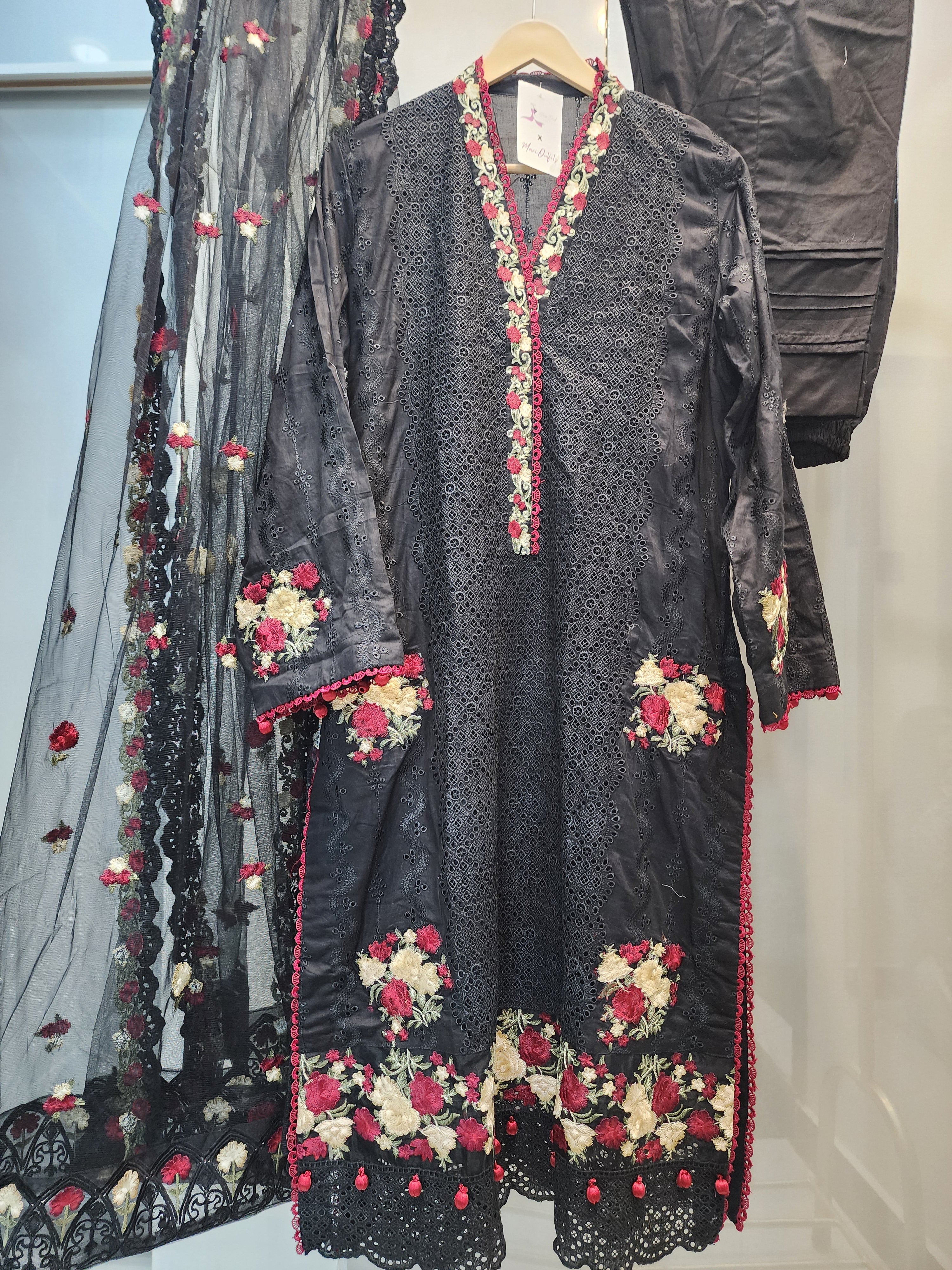 Mavi's Pret Luxury Full Chikankari 3PC Black | 100% Original
