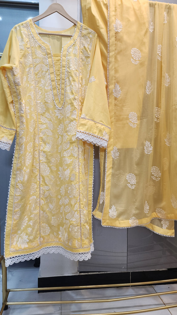 Mavi Pret Bareeze Luxury Embroidered Lawn 3PC – Butter Yellow | Stitched Ready to Wear | 101% Original