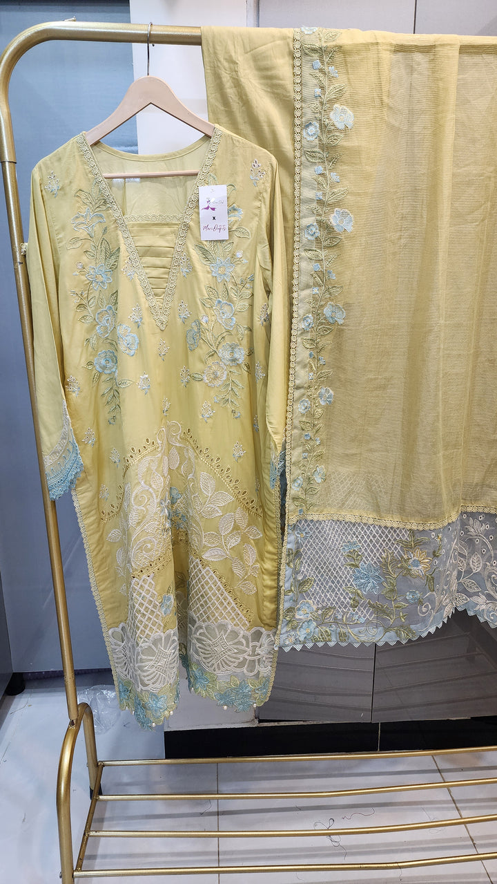 Mavi Pret Luxury Embroidered Lawn Lemon 3PC | Stitched Ready to Wear