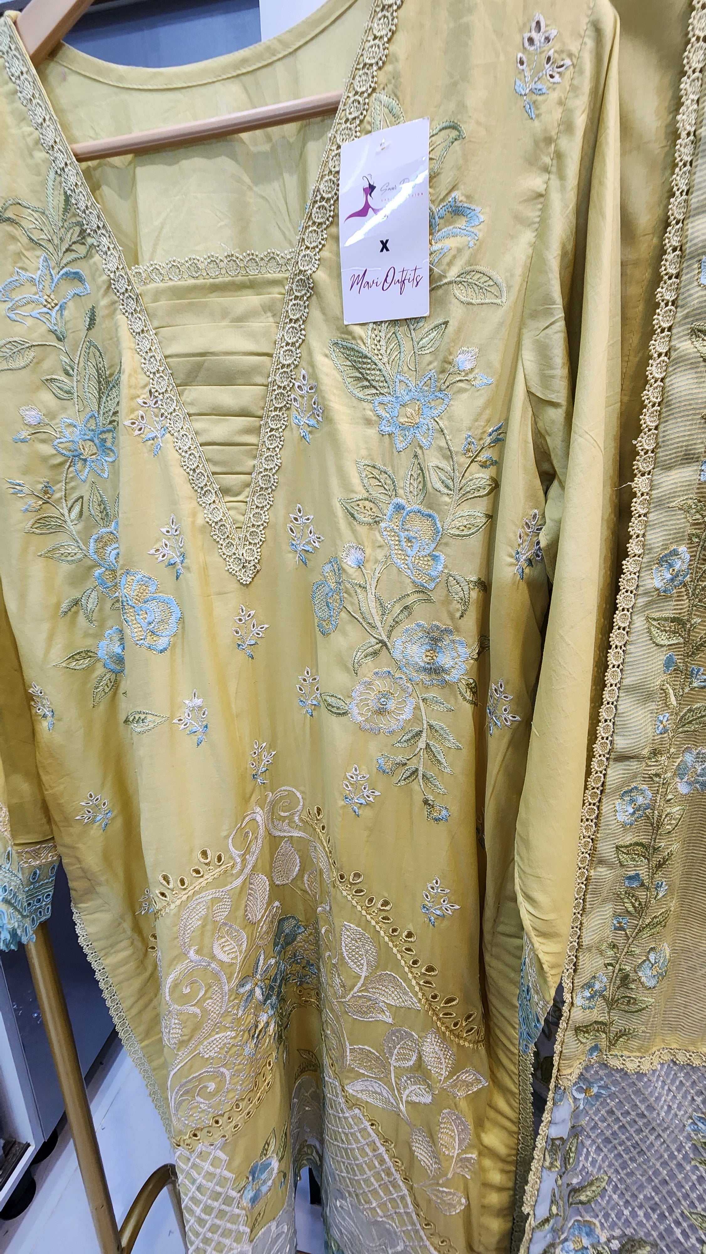 Mavi Pret Luxury Embroidered Lawn Lemon 3PC | Stitched Ready to Wear