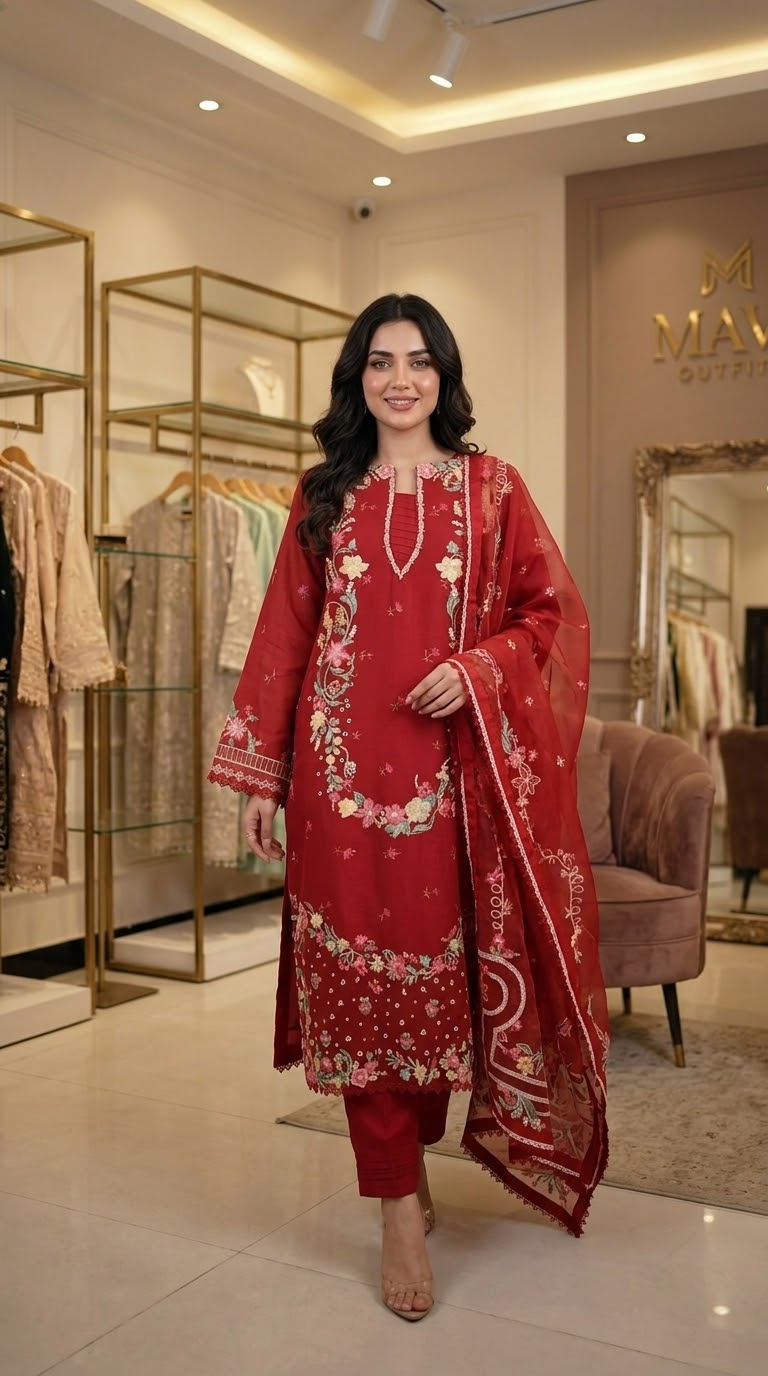 Mavi Pret Maryum Hussain Crimson Luxury Embroidered Lawn 3PC | Stitched Ready to Wear
