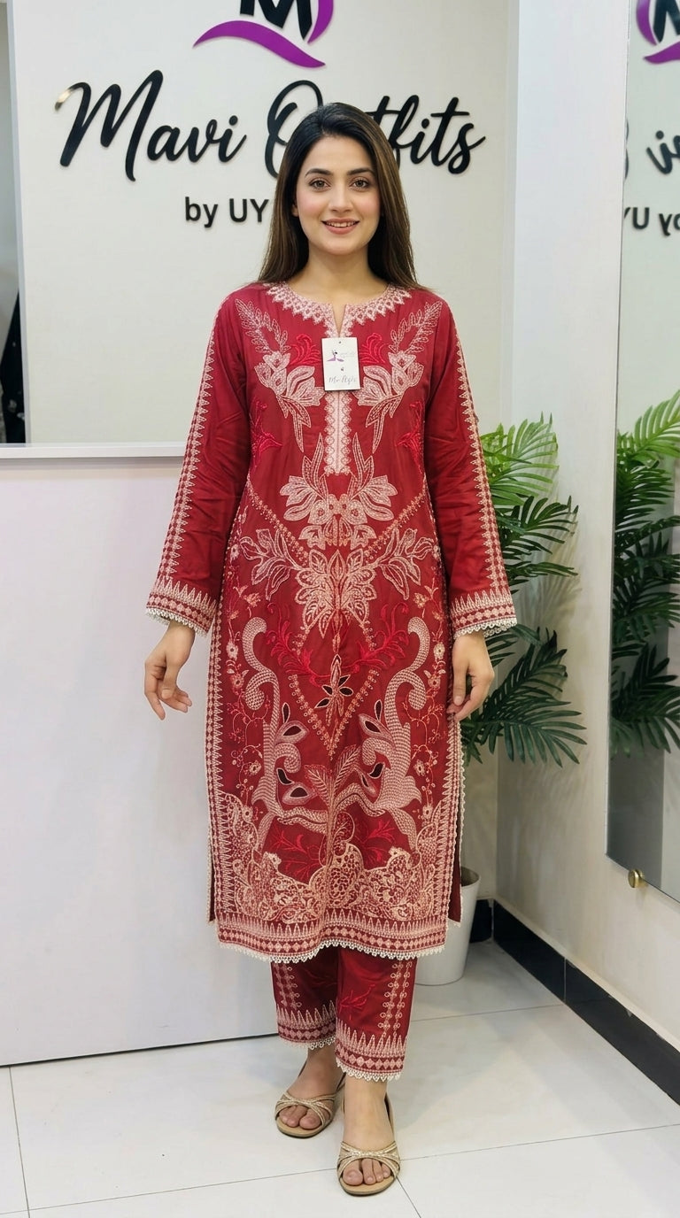 Mushq Luxury Lawn 2PC Stitched Suit – Laser Cut Embroidered | Mavi's Pret | 101% Original