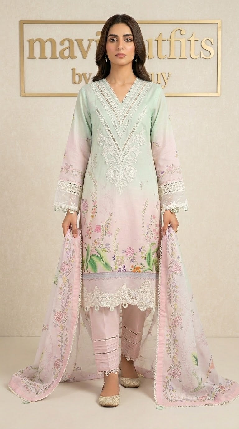 Mavi Pret Qline Printed and Embroidered Lawn 3PC Peach | Stitched Ready to Wear