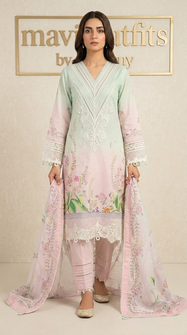 Mavi Pret Qline Printed and Embroidered Lawn 3PC Peach | Stitched Ready to Wear