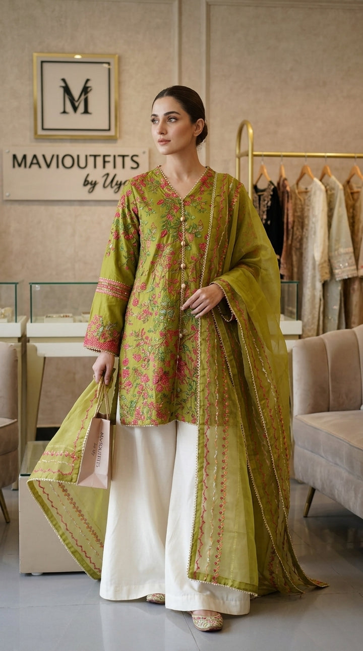 Hussain Rehar Ready to Wear 3PC – Luxury Embroidered Lawn | Off White Plazo | 101% Original