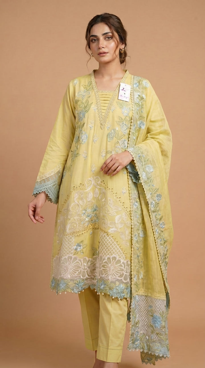 Mavi Pret Luxury Embroidered Lawn Lemon 3PC | Stitched Ready to Wear