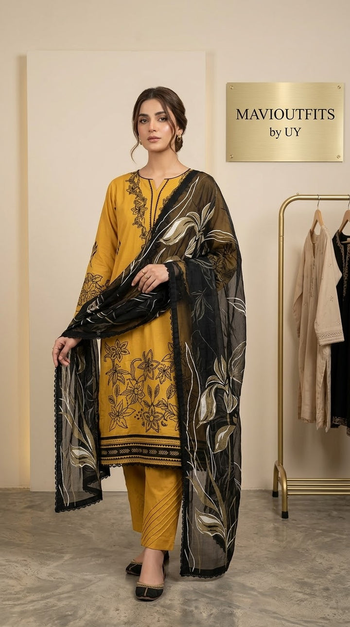 Mavi Pret  Luxury Embroidered Lawn 3PC Mustard | Stitched Ready to Wear