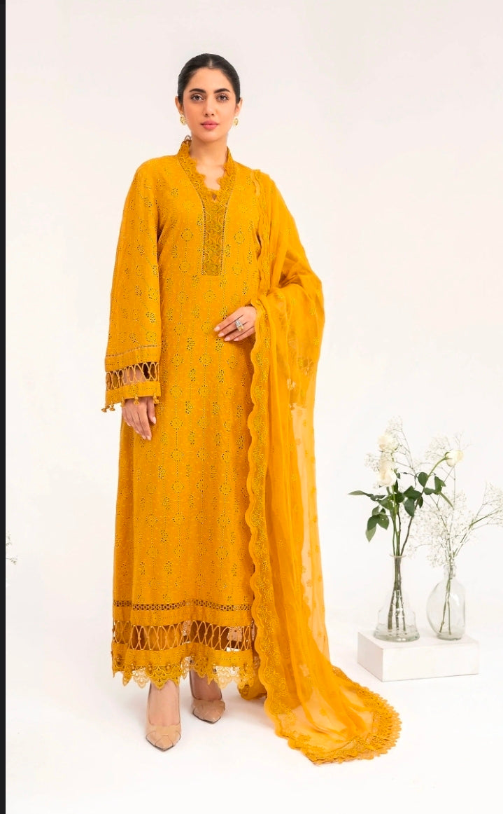 Mariab M.Luxe Fabrics Mustard LF-404 | Chikankari Lawn Shirt