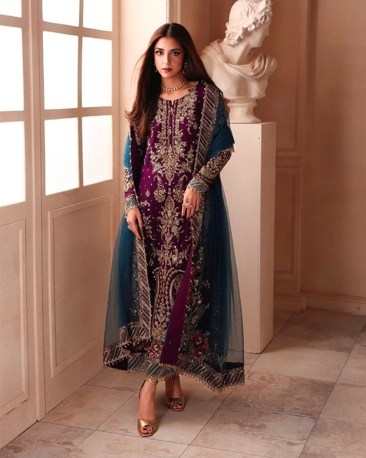 Charizma Dastane Jashan DJW6-01 Purple Heavy Embroidered Chiffon 3PC