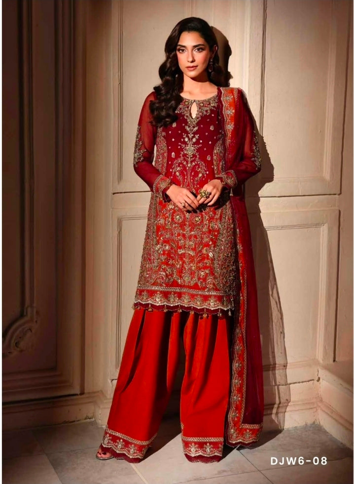 Charizma Dastane Jashan DJW6-08 Red Heavy Embroidered Chiffon 3PC
