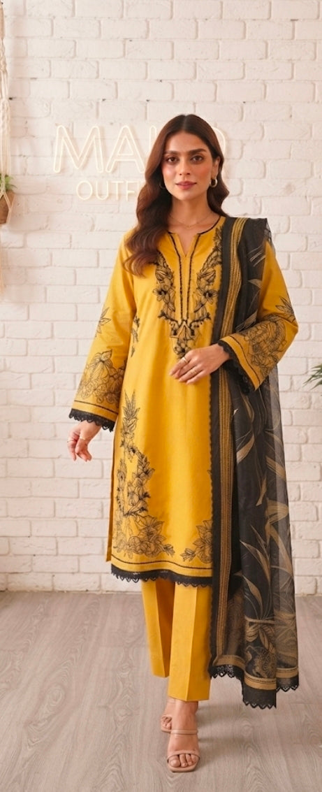 Mavi Pret  Luxury Embroidered Lawn 3PC Mustard | Stitched Ready to Wear