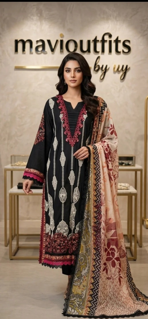 Mavi Pret Mushq Manaram Luxury Embroidered Lawn 3PC Black | Stitched Ready to Wear
