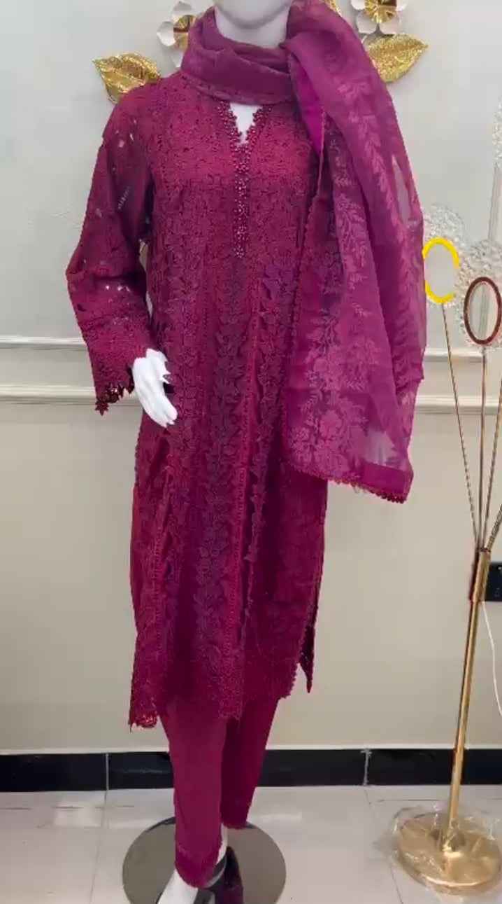 Mavi's Pret Maria.B Luxury Plum 3PC | Laser-Cut Embroidered